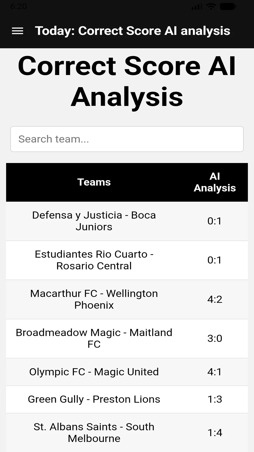 Correct Score Tips AI Analysis screenshot
